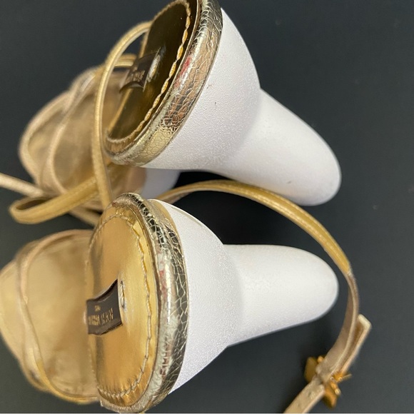 Louis Vuitton Gold Leather Wedge Ankle Strap Sandals Designer Heel Shape - Picture 9 of 15